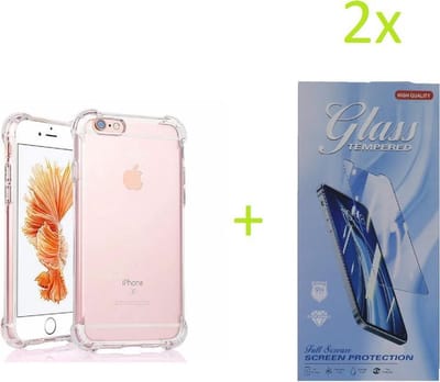 Backcover Hoesje Geschikt voor: iPhone 6 / iPhone 6S - Anti Shock Silicone Bumper - Transparant + 2X Tempered Glass Screenprotector