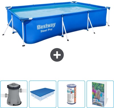Bestway Rechthoekig Steel Pro Zwembad - 300 x 201 x 66 cm - Blauw - Inclusief Pomp Afdekzeil - Filter - Zwembadgids