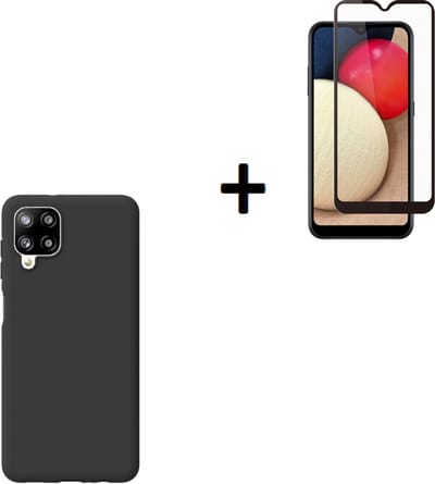 Hoesje Geschikt voor Samsung Galaxy A42 - Siliconen - Full Screenprotector A42 - Hoesje Zwart Case + Full Tempered Glass
