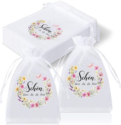 30 Stuks Organza Tassen met Tekst Schön Dass du da Bist voor Communie, Bruiloft en Feestjes - Cadeautas voor Bloemen, Chocolade en Koekjes