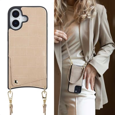 Selencia Hoesje - Geschikt voor Apple iPhone 17 - Croco Backcover met koord en pashouder - Beige