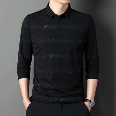 Lente en Herfst Heren Gestreept Lange Mouw T-shirts Middenleeftijd Casual Losse Revers Polo Shirts Heren Tops XXXXL black