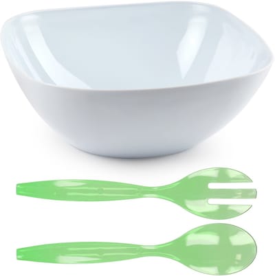 Plasticforte Salade/sla serveerschaal - wit - kunststof - D28 x H11 cm - met sla bestek in het lime - 29 cm