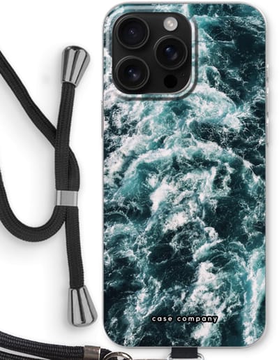 Case Company® - Hoesje met koord geschikt voor iPhone 16 Pro Max hoesje met Koord - Zee golf - Telefoonhoesje met Zwart Koord - Bescherming aan alle Kanten en Over de Schermrand