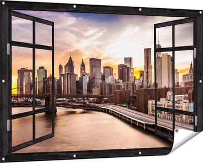 Gards Tuinposter Doorkijk Brooklyn Bridge Brug in New York - 150x100 cm - Tuindoek - Tuindecoratie - Wanddecoratie buiten - Tuinschilderij