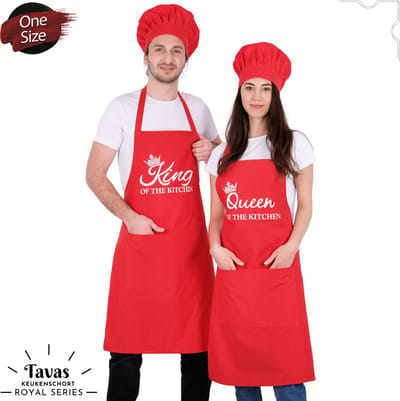Set van 4 Rood | 65x95 cm | King & Queen of the Kitchen | 2 Keukenschorten - 2 Koksmuts | Kookschort met zakken | Keukenschort dames | Keukenschort voor vrouwen | Keukenschort voor mannen | cadeutje- met Cadeaubox | Kook- BBQ