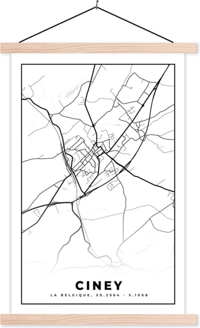 Posterhanger incl. Poster 40x60 cm - Schoolplaat - Stadskaart – Plattegrond – België – Zwart Wit – Ciney – Kaart - Textielposter - Blanke latten - Stadskaart