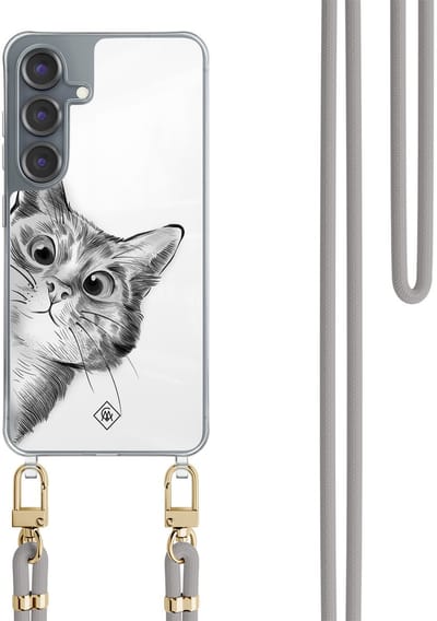 Casimoda® hoesje met koord - Geschikt voor Samsung S25 - Peekaboo Kat - Afneembaar koord - TPU/polycarbonaat - Grijs