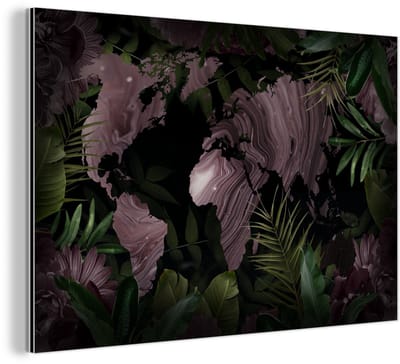 Aluminium schilderij 150x100 cm - Wanddecoratie metaal - Wereldkaart - Paars - Bladeren - Metalen muurdecoratie woonkamer - Decoratie industrieel - Foto op dibond - Industriële accessoires slaapkamer