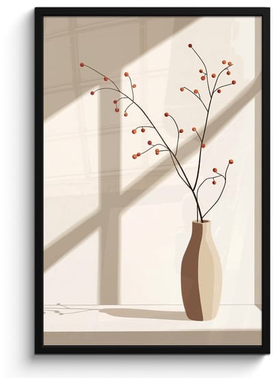 Poster in lijst - Fotolijst 60x90 cm - Posters - Vaas - Takken - Bessen - Minimalistisch - Posterlijst zwart - Decoratie - Wanddecoratie woonkamer - Muurdecoratie slaapkamer