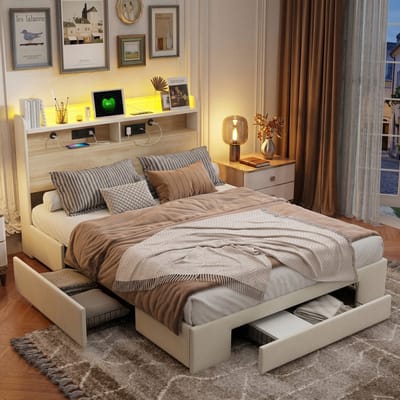 Tweepersoonsbed 140x200 Beige Fluweel – Met 4 Lades, Hoofdbord Opbergruimte, RGB LED & EU Stopcontact – Gestoffeerd Bed