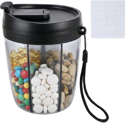Wekelijkse pillendoos met 7 vakken en handvat voor medicijnen, kunststof, zwart, 12 x 9 cm, handig en praktisch
