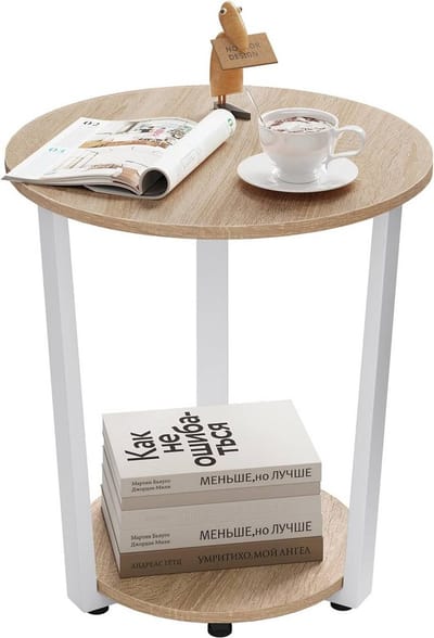 BukkitBow - Ronde Salontafel / Bijzettafel - Moderne Kleine Tafel - met 2 planken - Metalen Zwarte Frame - Licht Eiken Hout