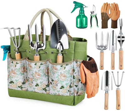 DPLUNIQ Tuingereedschap - Handgereedschap - Tuinset - Tuingereedschapset - 9-delig - met houten handvat - Roestvrijstaal - Groen