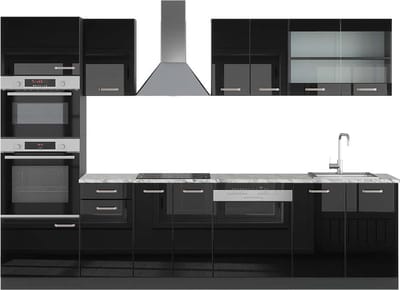 Vicco R-Line Complete keukeneenheid – 300 cm met hoge kast, WB Marmer Hoogglans zwart/antraciet