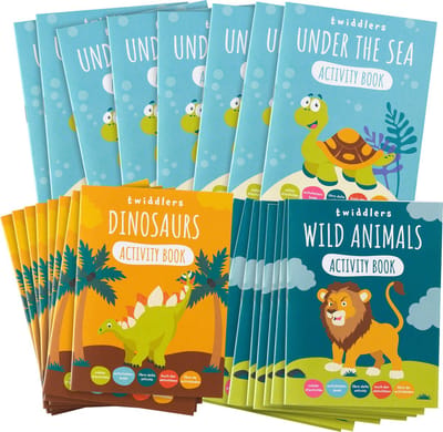 The Twiddlers – 24 Mini Activiteiten & Kleurboeken – Dinosaurussen, Wilde Dieren & Onderwaterdieren – Voor Bruiloften, Verjaardagen & Uitdeelcadeautjes