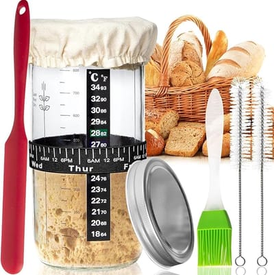Famanu – Zuurdesem Brood Starter Jar Kit 34oz Grote Capaciteit Glazen Pot Met Datum Gemarkeerde Voedingsband - Thermometer - Doek Cover & Metalen Deksel - Herbruikbare Zuurdesem Brood Thuis Bakken
