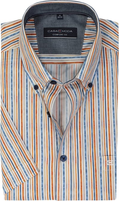 CASA MODA Sport comfort fit overhemd - korte mouw - popeline - wit met blauw - groen en oranje gestreept - Strijkvriendelijk - Boordmaat: 39 - 40