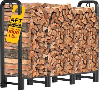Houtopslag Rek - Brandhout Houder - Buiten Opslaan - Zwaar Metalen Frame - 122 x 122 x 36cm - Zwart