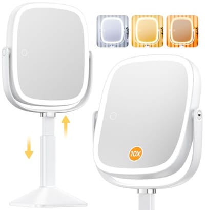 Verlichte Rechthoekige Make-up Spiegel met Verlichting en Verstelbare Hoogte - 1X/10X Vergroting