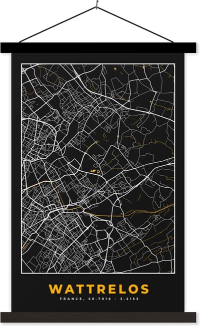 Posterhanger incl. Poster 40x60 cm - Schoolplaat - Frankrijk – Wattrelos – Stadskaart – Plattegrond – Kaart - Textielposter - Zwarte latten - Stadskaart