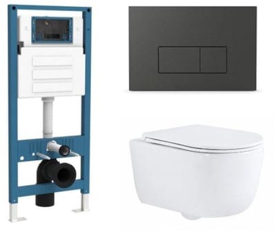 QeramiQ Dely Swirl Toiletset - inbouwreservoir Qeramiq Flush - slim zitting - kunststof mat antraciete bedieningsplaat - rechthoekige knoppen - glans wit
