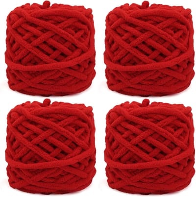 Gebreide Wollen bol, 4 x 100 g, Dikke Wolbol voor Naalden 7-8 mm, Dikke Haakwol, Ideaal Voor Het Breien van Mutsen, Sjaals, Truien en Pantoffels (Felrood)