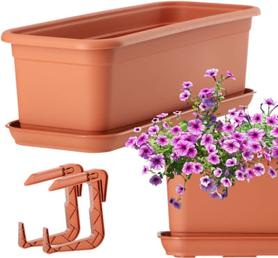KADAX Bloembak 40 cm met onderstel en houder, terracotta, kunststof bloembak voor binnen en buiten, bloempot voor balkon