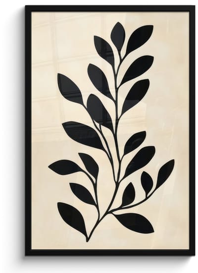 Poster in lijst - Fotolijst 60x90 cm - Posters - Minimalistisch - Tak - Bladeren - Zwart - Posterlijst zwart - Decoratie - Wanddecoratie woonkamer - Muurdecoratie slaapkamer