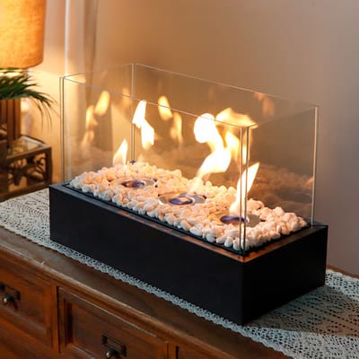 JHY DESIGN Rechthoekige Bio-ethanol Tafelhaard 40 cm – Zwarte Draagbare Sfeerhaard - Haarden met 3 Branders - Binnen en Buiten