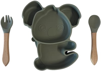 KimDo - Koala Siliconen babyservies set met zuignap - Groen - Kinderservies set - Babybordje - Kinderbordje - Baby servies - Babybestek - Kinderbestek – Babybestek - Oven, vriezer en vaatwasserbestendig - BPA en PVC vrij bord