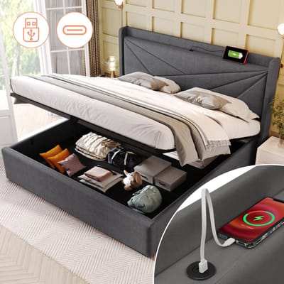 VVBV Gestoffeerd Opbergbed 180x200 cm - USB-C Laadstation, Lades, Opbergruimte, Lattenbodem - Linnen Grijs Zonder Matras