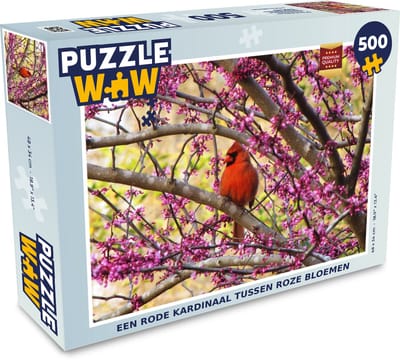 Puzzel Een rode kardinaal tussen roze bloemen - Legpuzzel - Puzzel 500 stukjes