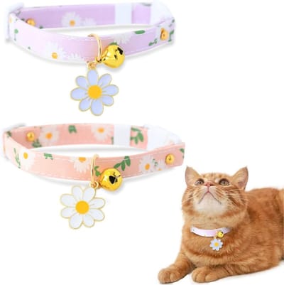 Set van 2 Katoenen Kattenhalsbanden met Belletje en Bloemhanger Roze en Paars