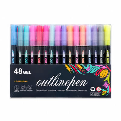 Dubbelzijdige contourstiften - 48 kleuren - fluorescerende en glinsterende markering - zwarte houder voor handgemaakte posters - 30 sets per doos