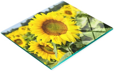 Stijlvol en duurzaam glazen bord met print van een zonnebloemveld, 60x52 cm