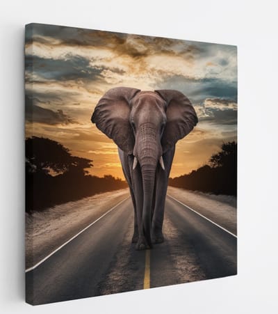 Saammp Canvas Schilderij - olifant op de weg - Afrika - Dieren - 20x20 - Foto op canvas - Wanddecoratie - muurdecoratie Woonkamer - Slaapkamer decoratie - Canvas Print