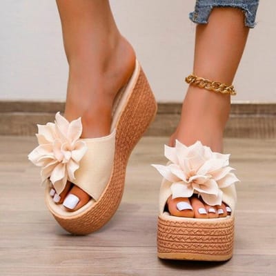 Été plage plate-forme femmes chaussons compensés Appliques papillon-noeud femme sandales sabot chaussures femmes pantoufles 39 beige