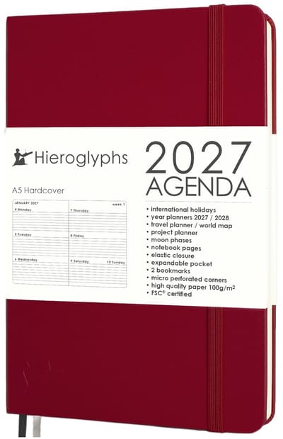 Hieroglyphs Agenda 2027 A5 - 1 Week op 2 pagina's - Harde Kaft - Elastiek - Opbergvak - 2 Bladwijzers - Weekagenda Jaaragenda Volwassenen - Scharlaken Rood
