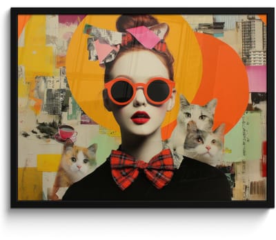 Poster in lijst - Fotolijst 80x60 cm - Posters - Vrouw - Bril - Strik - Retro - Posterlijst zwart - Decoratie - Wanddecoratie woonkamer - Muurdecoratie slaapkamer