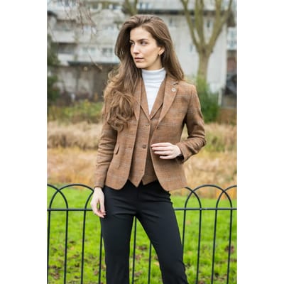 Dames Oak Brown 2-delige set Tweed Blazer Vest met visgraatmotief