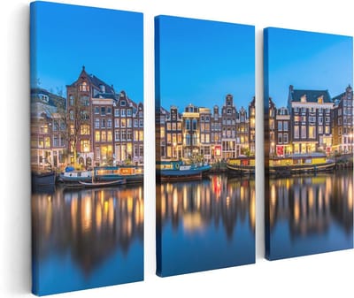 Artaza Canvas Schilderij Drieluik Amsterdamse Huisjes In De Avond Met Lichten - 120x80 - Foto Op Canvas - Canvas Print