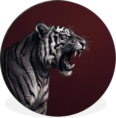 WallCircle - Wandcirkel - Muurcirkel - Tijger - Brult - Bordeaux - Aluminium - Dibond - 30x30 cm - Binnen en Buiten