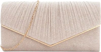 Dames Avondtas Schoudertas V-vorm Geplooid – Effen Kleur Polyester Tas, Elegante Clutch Tas met Magneetsluiting en Ronde Bodem - Champagne