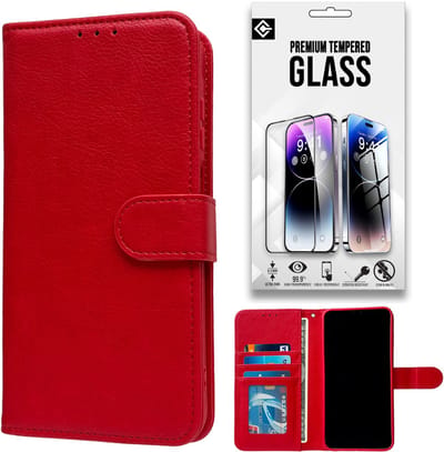 Casemania Hoesje en Glas Geschikt voor Samsung Galaxy A17 5G - Rood - Luxe Portemonnee Book Case met Pasjeshouder - Wallet Case Telefoonhoesje - 1x Tempered Glazen Screenprotector