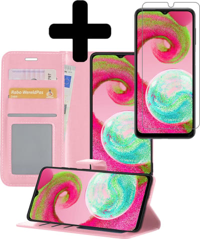 Hoesje - Met Screenprotector - Geschikt voor Samsung Galaxy A04s - Luxe Pasjeshouder - Bookcase Portemonee - Flip Case - Kunstleer Book Case - Flipcase - Book Cover - Walletcase - Portemonneehoes - Telefoonhoesjes - Lichtroze