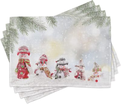 ABAKUHAUS kerstplacemats, kleine sneeuwpop in de sneeuw, wasbare stof eetkamerdecoratie keukentafel digitale print, rood wit