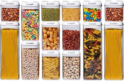LW Collection voorraadpotten set van 14 met pen en stickers witte deksel - Voorraadpotjes luchtdicht - voorraadbussen - snoep pot - organize potten - opbergpotten - keukenpotten - food container - luxe - complete set 14 stuks