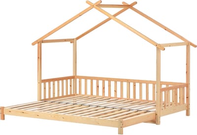 Wishdor Uitschuifbaar Huisbed 90/180x200 cm - Dakframe - Naturel Massief Grenen - Van Eenpersoons naar Tweepersoons