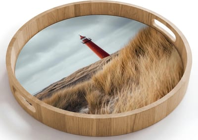 Dienblad rond 40x40 cm - Schootdienblad hout - Duinen - Vuurtoren - Rood - Lucht - Borrelplank rechthoek - Plateau houten dienbladen